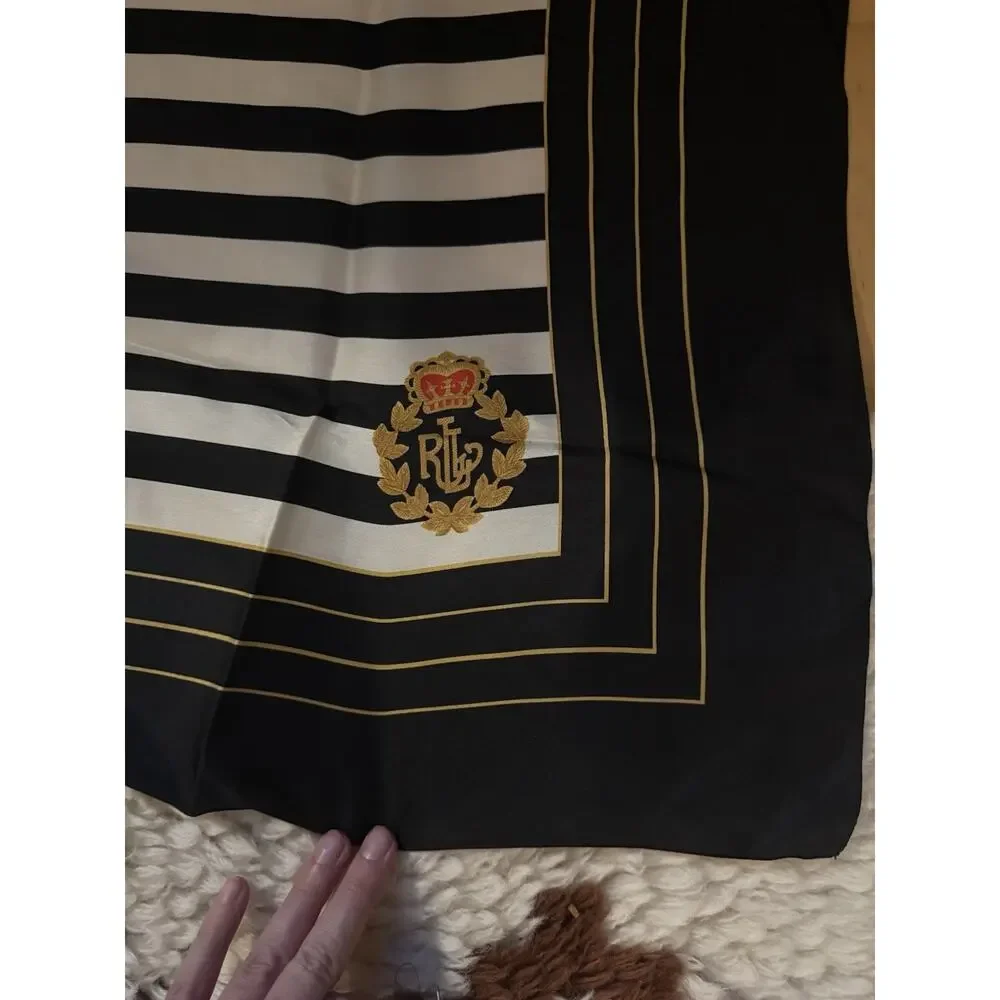 VTG Ralph Lauren Red White Black Striped Square Silk Crest Scarf 32”